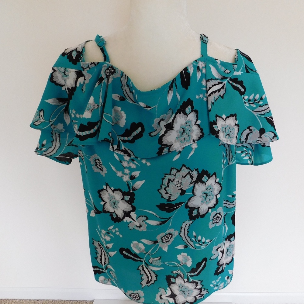 INC International Concept Multicolor Cold Shoulder Flower Blouse Top Size Med